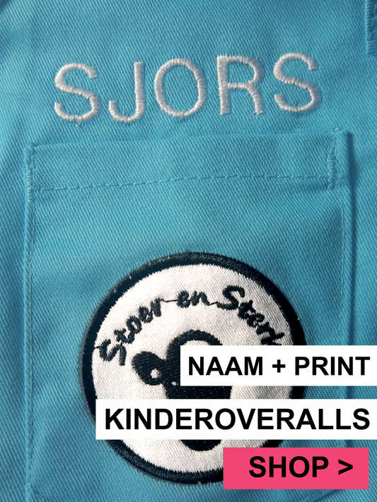 Blauwe Kinderoveralls met geborduurde naam + print