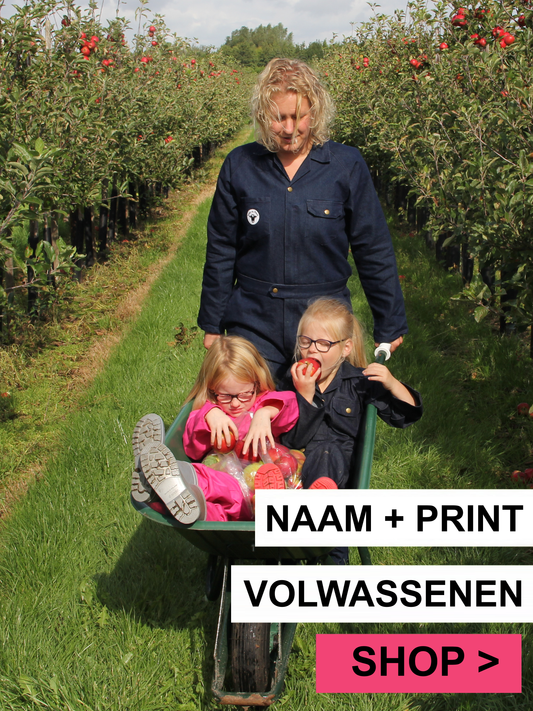 Jeansoverall met geborduurde naam + print volwassenen
